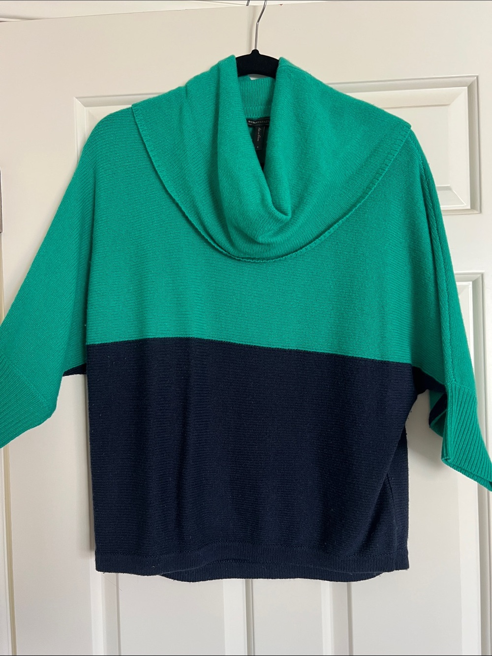 BCBGMaxAzria emerald and Navy Colorblock Cowl Neck Sweater